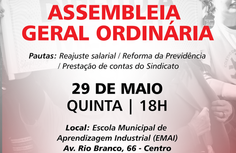 Sinprosm convoca Assembleia Geral Ordinária do magistério municipal