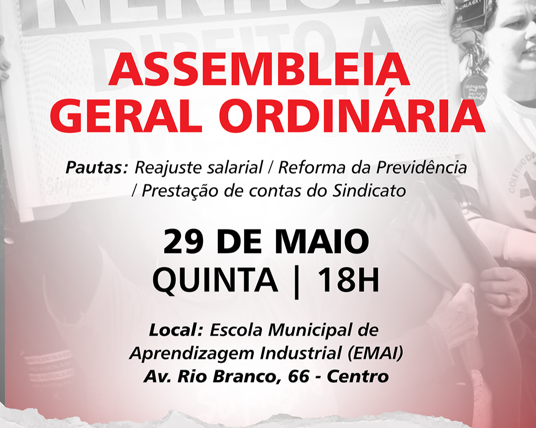 Sinprosm convoca Assembleia Geral Ordinária do magistério municipal
