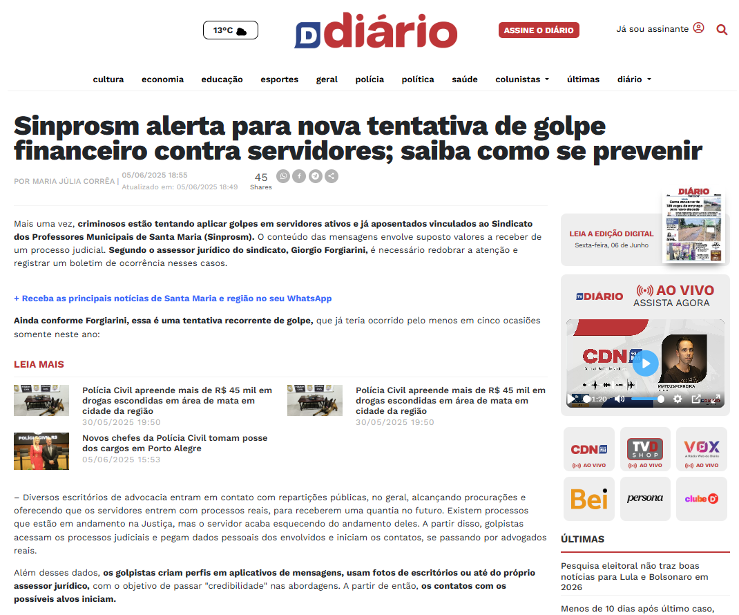 Diário: Sinprosm alerta para nova tentativa de golpe financeiro contra servidores; saiba como se prevenir